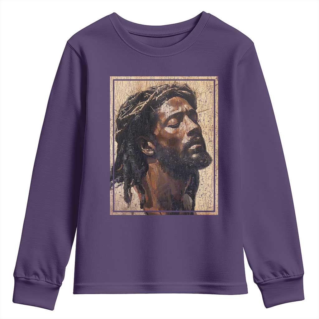 Religious Black Jesus With Crown Of Thorns Youth Sweatshirt TS11 Purple Print Your Wear