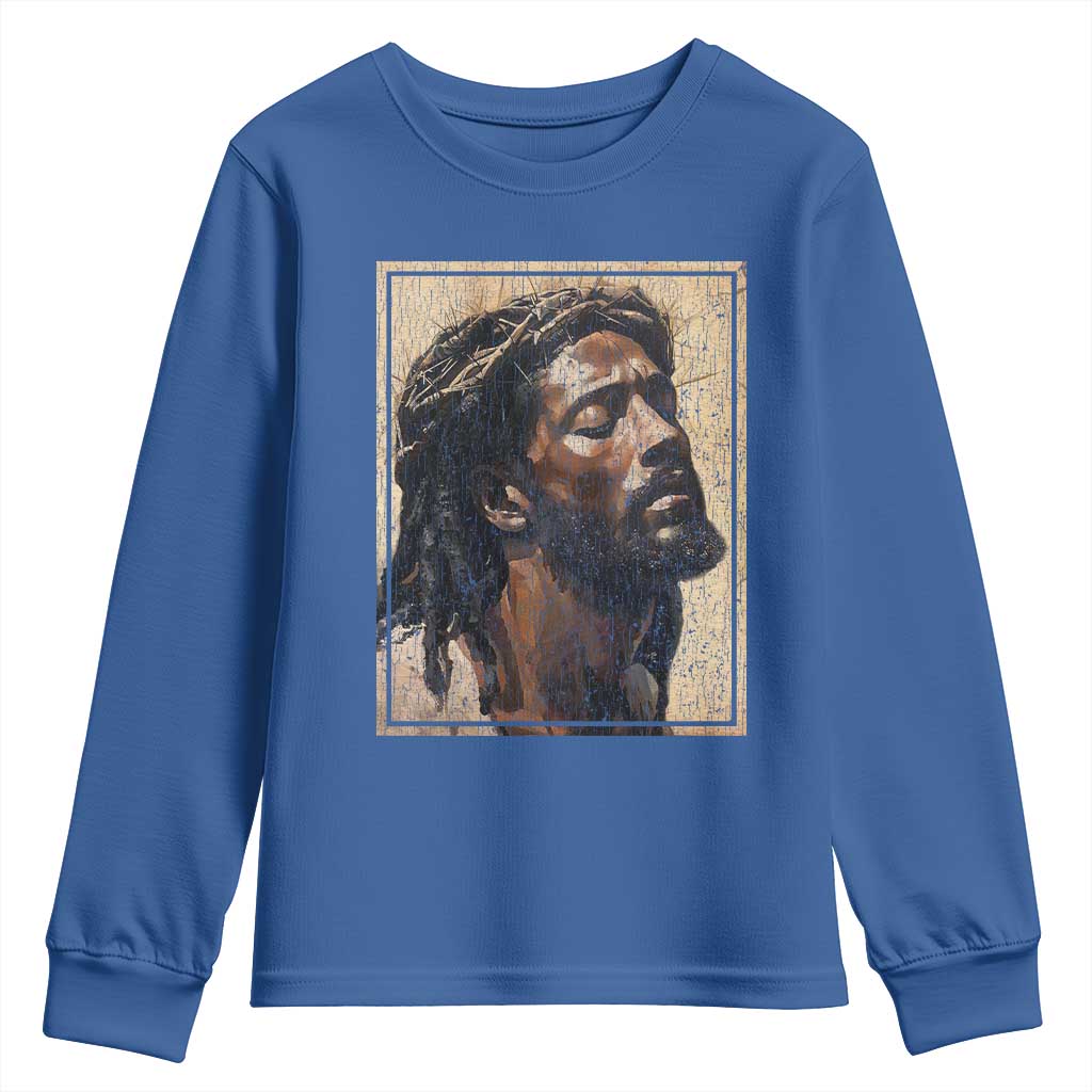 Religious Black Jesus With Crown Of Thorns Youth Sweatshirt TS11 Royal Blue Print Your Wear