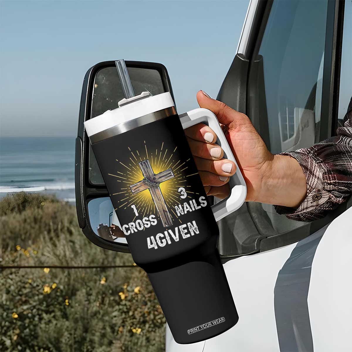 Religious Easter Tumbler With Handle 1 Cross 3 Nails Forgiven Christian Cross Jesus TS02 Print Your Wear