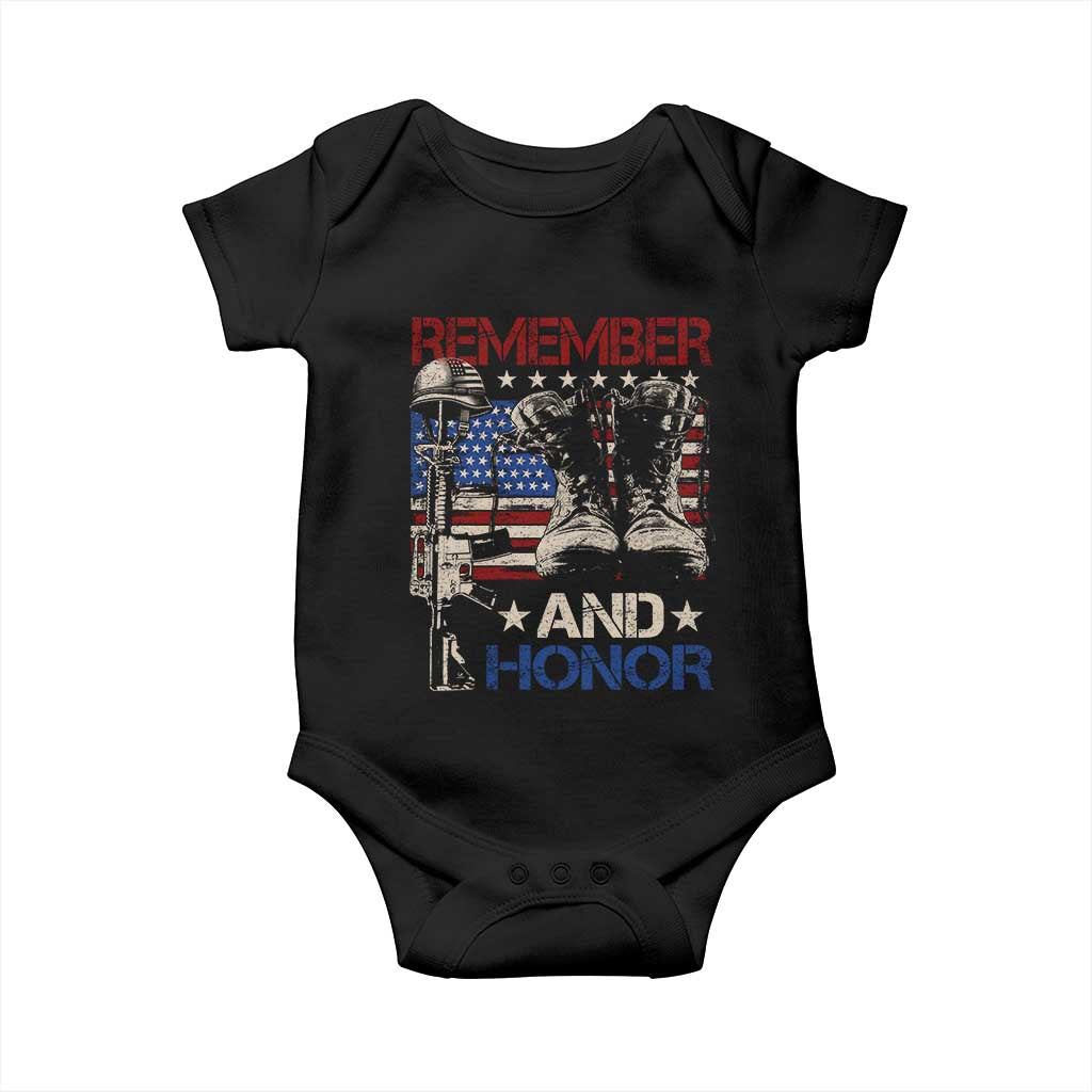 Remember And Honor Baby Onesie Memorial Day Veteran Boots American Flag TS11 Black Print Your Wear
