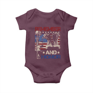 Remember And Honor Baby Onesie Memorial Day Veteran Boots American Flag TS11 Maroon Print Your Wear
