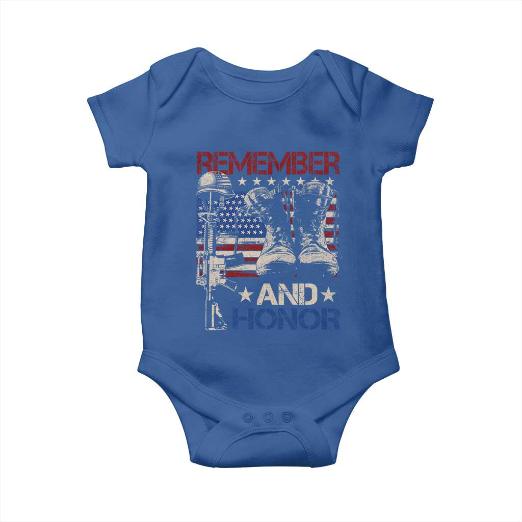 Remember And Honor Baby Onesie Memorial Day Veteran Boots American Flag TS11 Royal Blue Print Your Wear