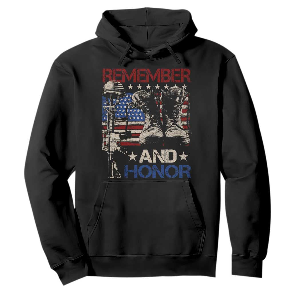 Remember And Honor Hoodie Memorial Day Veteran Boots American Flag TS11 Black Print Your Wear