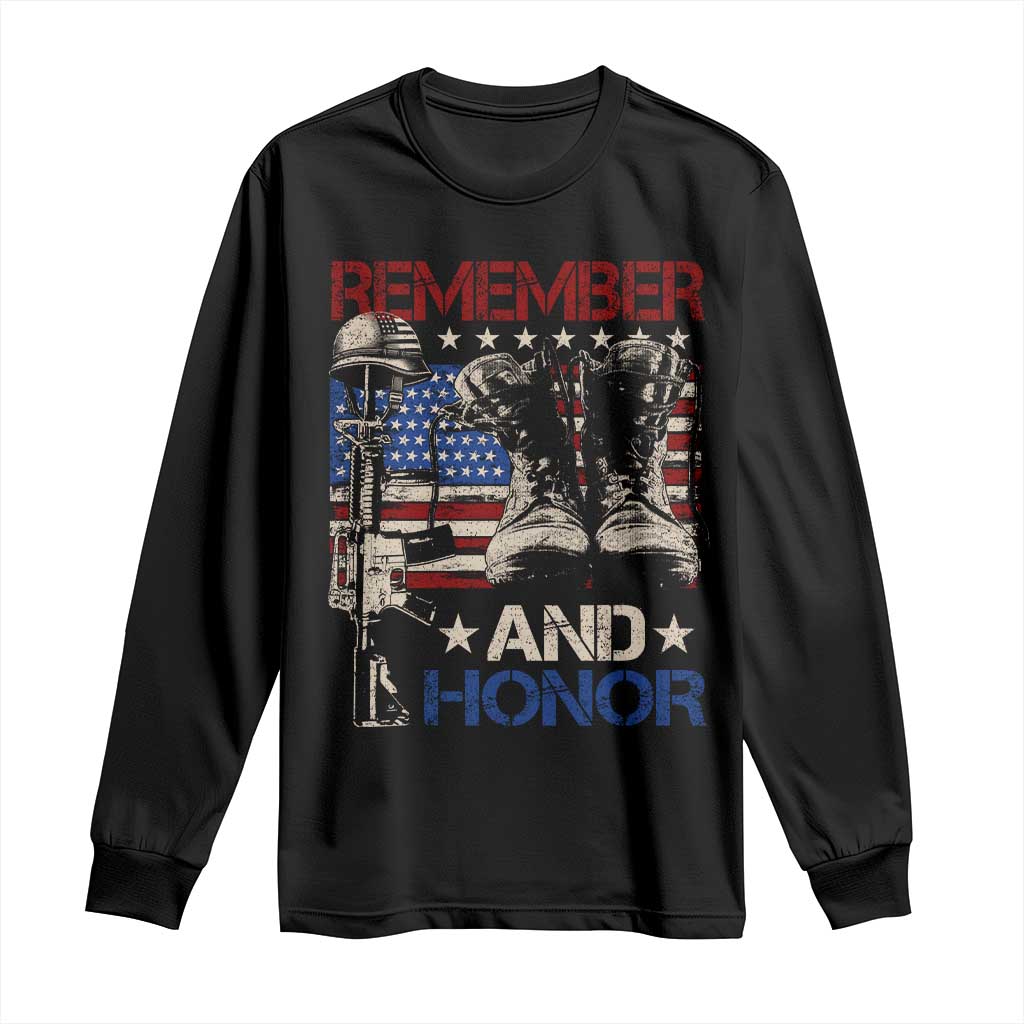Remember And Honor Long Sleeve Shirt Memorial Day Veteran Boots American Flag TS11 Black Print Your Wear