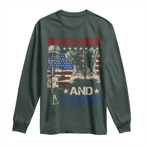 Remember And Honor Long Sleeve Shirt Memorial Day Veteran Boots American Flag TS11 Dark Forest Green Print Your Wear