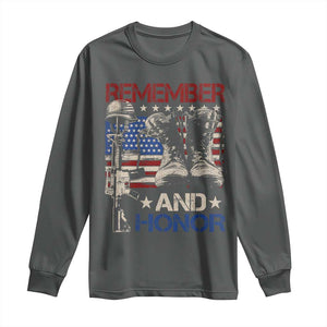 Remember And Honor Long Sleeve Shirt Memorial Day Veteran Boots American Flag TS11 Dark Heather Print Your Wear