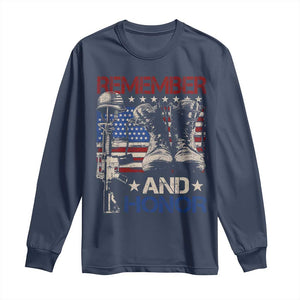 Remember And Honor Long Sleeve Shirt Memorial Day Veteran Boots American Flag TS11 Navy Print Your Wear