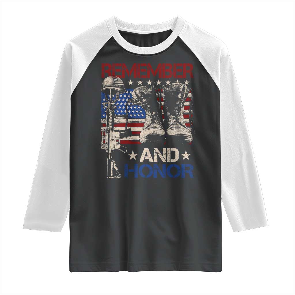 Remember And Honor Raglan Shirt Memorial Day Veteran Boots American Flag TS11 Black White Print Your Wear