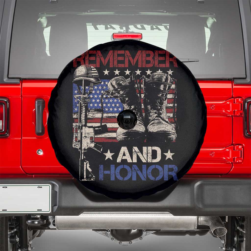 Remember And Honor Spare Tire Cover Memorial Day Veteran Boots American Flag TS11 Black Print Your Wear