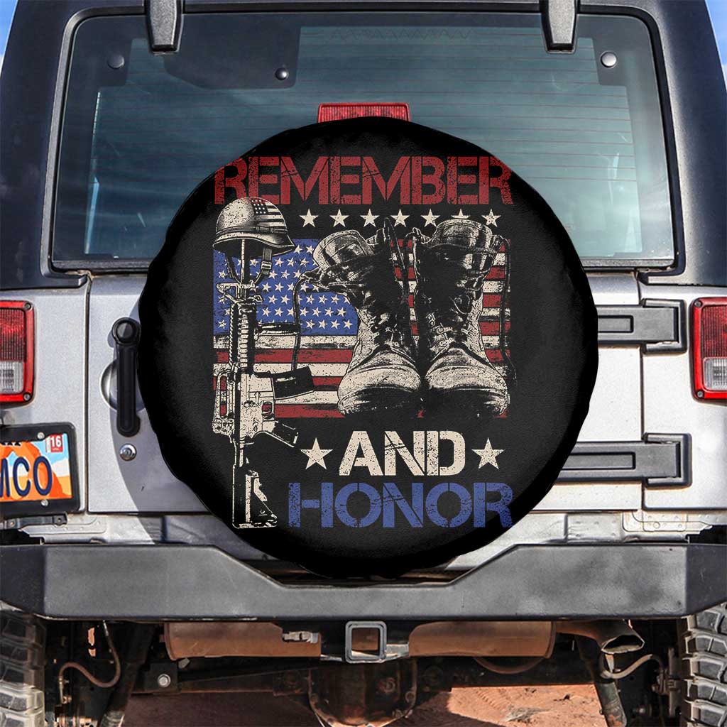 Remember And Honor Spare Tire Cover Memorial Day Veteran Boots American Flag TS11 No hole Black Print Your Wear