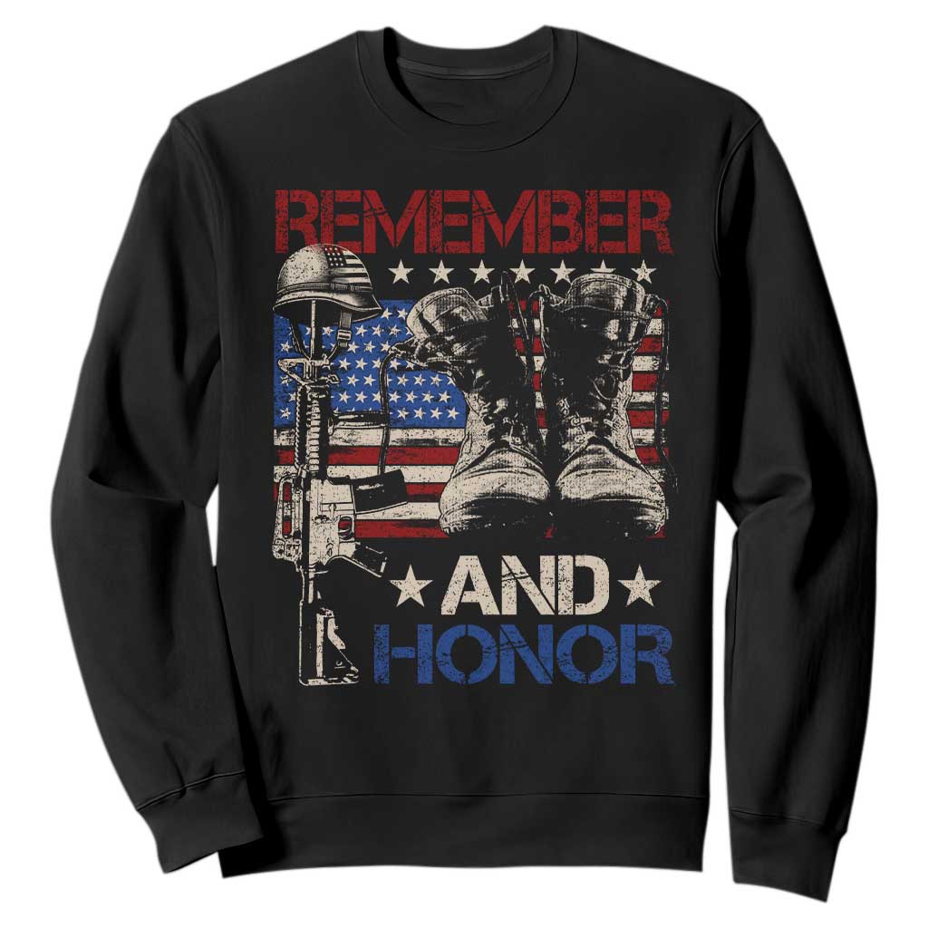 Remember And Honor Sweatshirt Memorial Day Veteran Boots American Flag TS11 Black Print Your Wear