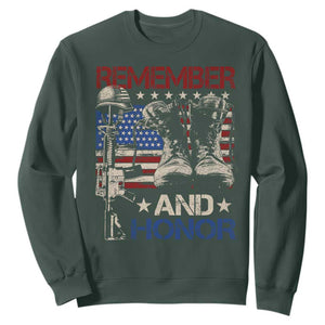 Remember And Honor Sweatshirt Memorial Day Veteran Boots American Flag TS11 Dark Forest Green Print Your Wear