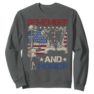 Remember And Honor Sweatshirt Memorial Day Veteran Boots American Flag TS11 Dark Heather Print Your Wear