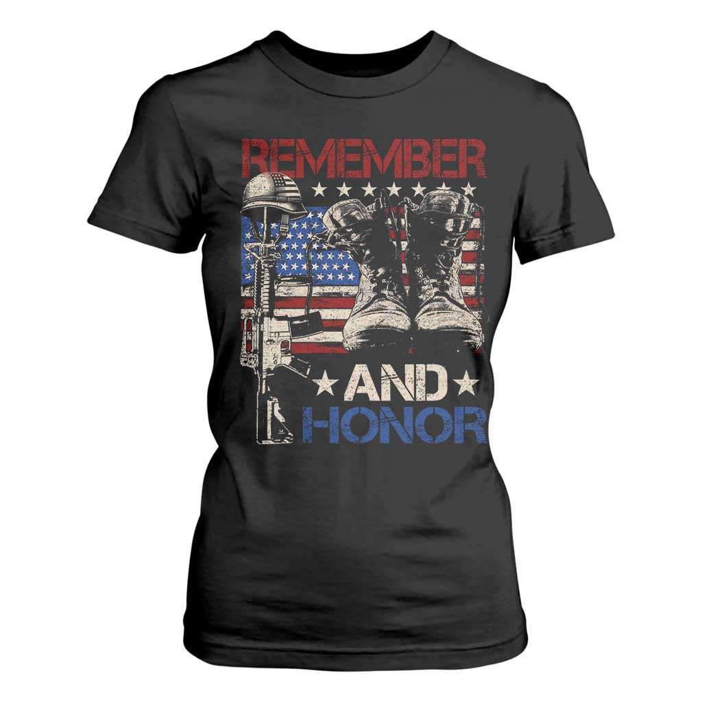 Remember And Honor T Shirt For Women Memorial Day Veteran Boots American Flag TS11 Black Print Your Wear
