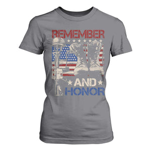 Remember And Honor T Shirt For Women Memorial Day Veteran Boots American Flag TS11 Charcoal Print Your Wear