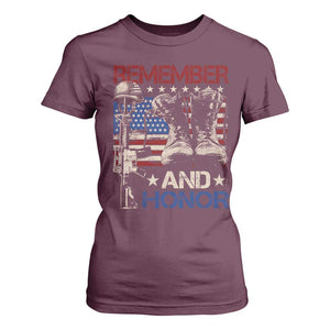 Remember And Honor T Shirt For Women Memorial Day Veteran Boots American Flag TS11 Maroon Print Your Wear