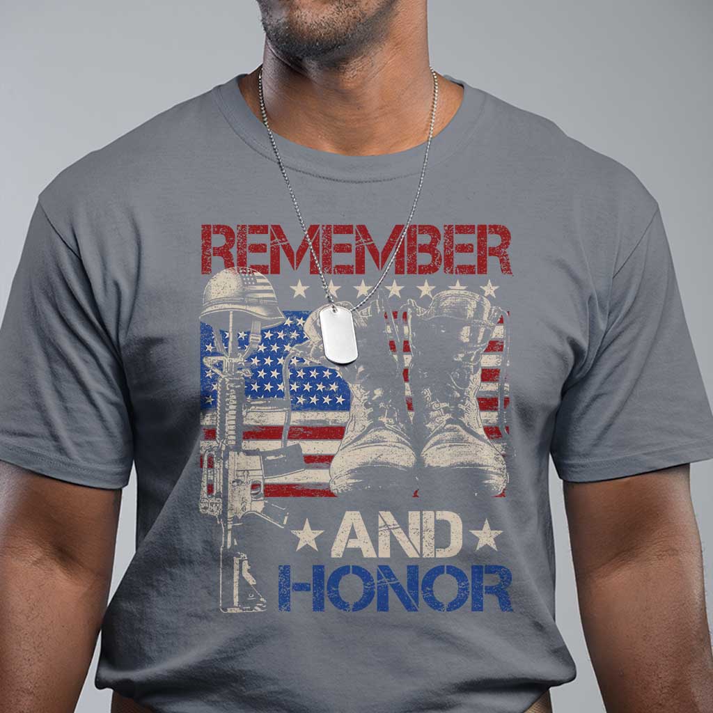 Remember And Honor T Shirt Memorial Day Veteran Boots American Flag TS11 Charcoal Print Your Wear