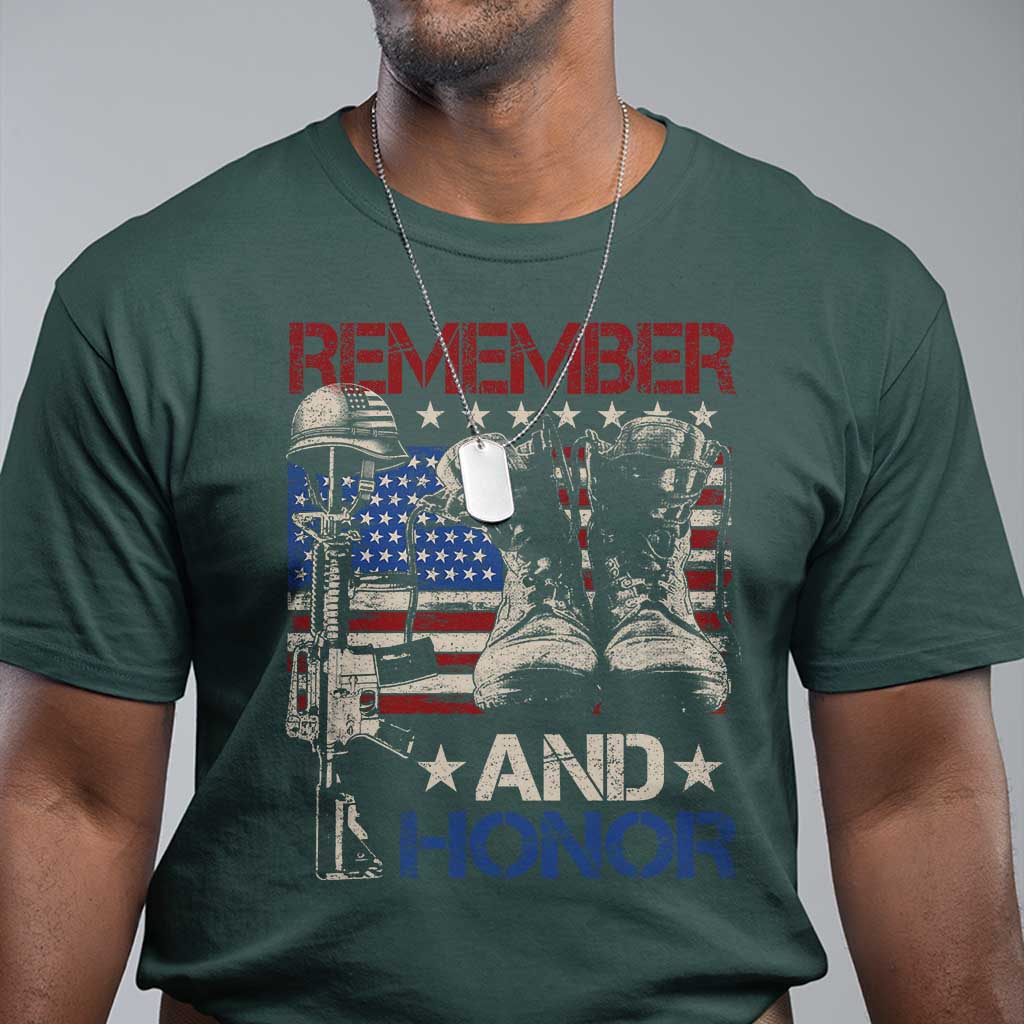 Remember And Honor T Shirt Memorial Day Veteran Boots American Flag TS11 Dark Forest Green Print Your Wear