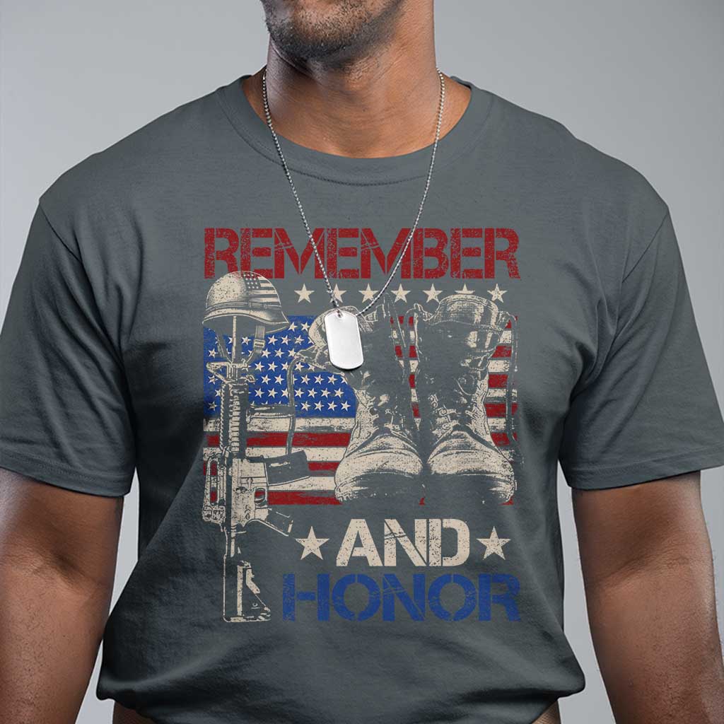 Remember And Honor T Shirt Memorial Day Veteran Boots American Flag TS11 Dark Heather Print Your Wear