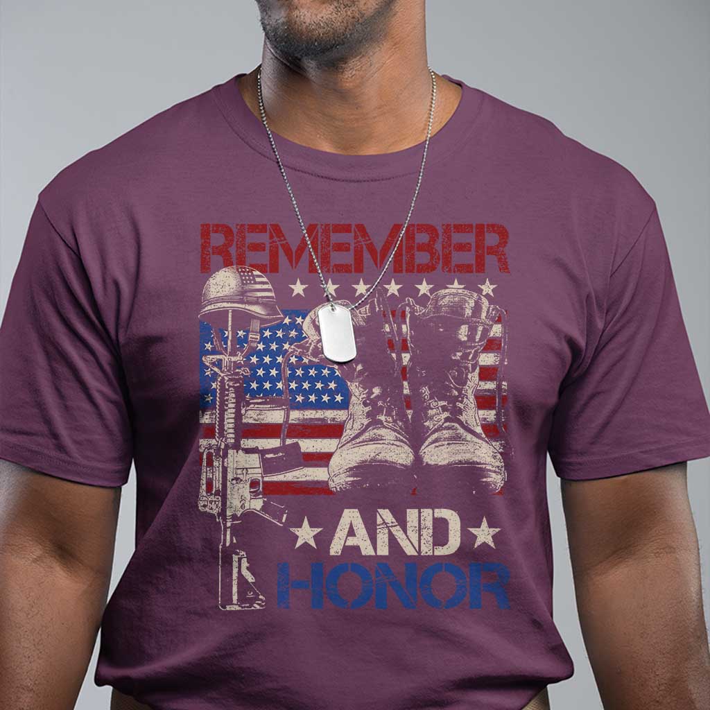 Remember And Honor T Shirt Memorial Day Veteran Boots American Flag TS11 Maroon Print Your Wear