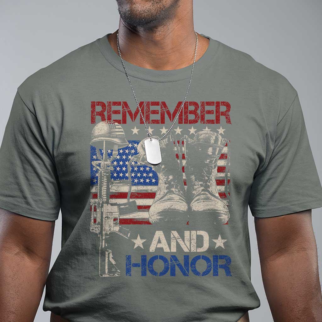 Remember And Honor T Shirt Memorial Day Veteran Boots American Flag TS11 Military Green Print Your Wear