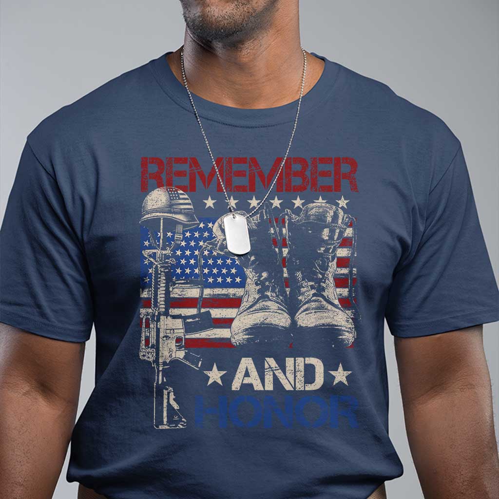 Remember And Honor T Shirt Memorial Day Veteran Boots American Flag TS11 Navy Print Your Wear