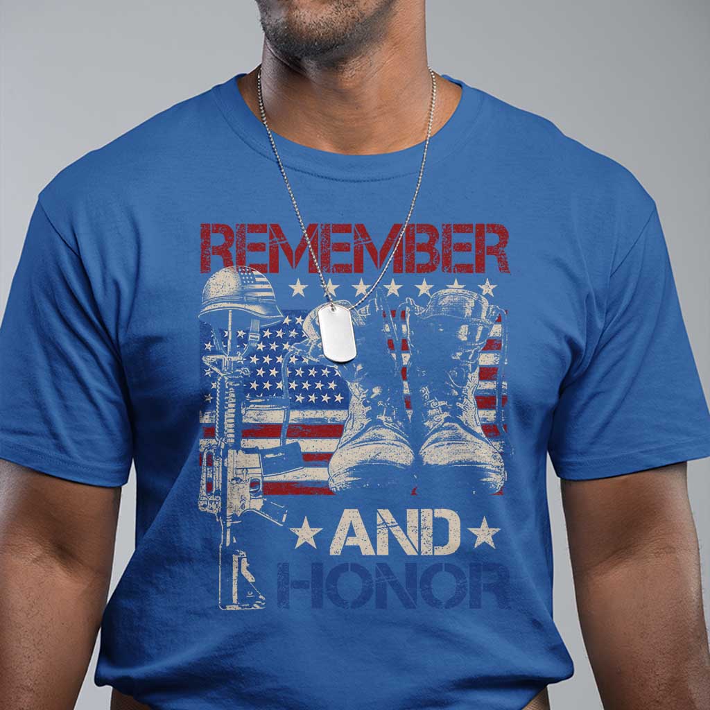 Remember And Honor T Shirt Memorial Day Veteran Boots American Flag TS11 Royal Blue Print Your Wear