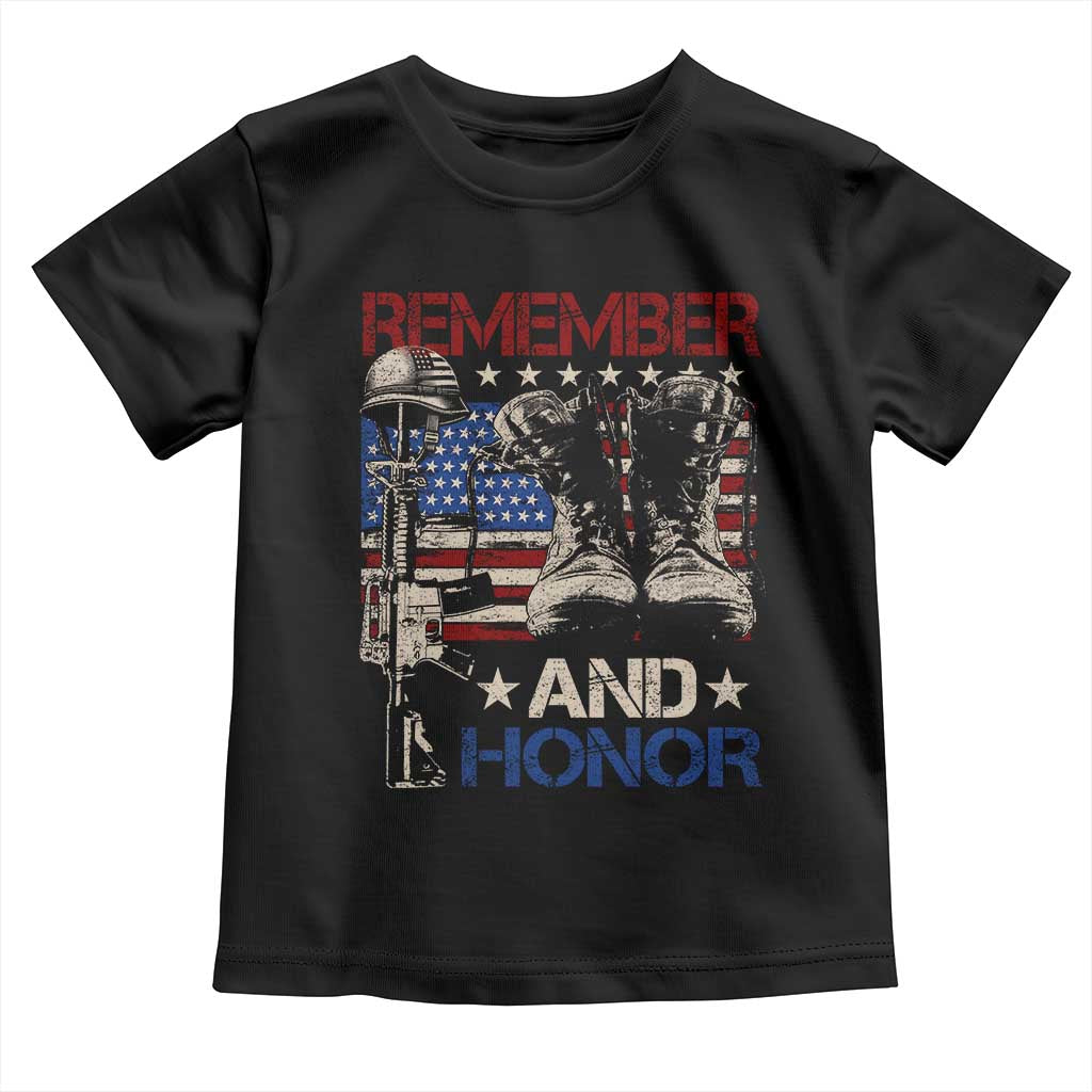 Remember And Honor Toddler T Shirt Memorial Day Veteran Boots American Flag TS11 Black Print Your Wear