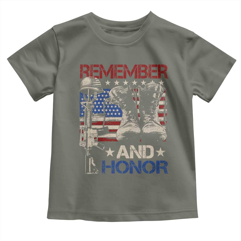 Remember And Honor Toddler T Shirt Memorial Day Veteran Boots American Flag TS11 Military Green Print Your Wear