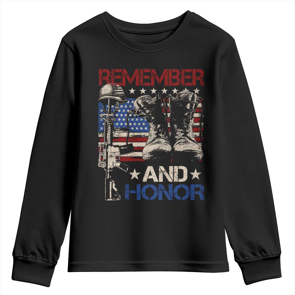 Remember And Honor Youth Sweatshirt Memorial Day Veteran Boots American Flag TS11 Black Print Your Wear