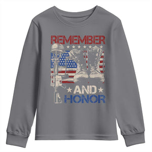 Remember And Honor Youth Sweatshirt Memorial Day Veteran Boots American Flag TS11 Charcoal Print Your Wear