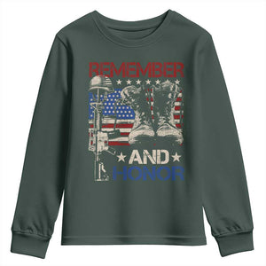 Remember And Honor Youth Sweatshirt Memorial Day Veteran Boots American Flag TS11 Dark Forest Green Print Your Wear