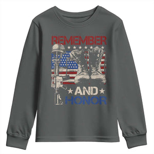 Remember And Honor Youth Sweatshirt Memorial Day Veteran Boots American Flag TS11 Dark Heather Print Your Wear