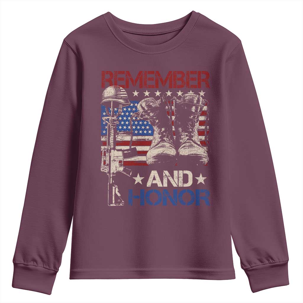 Remember And Honor Youth Sweatshirt Memorial Day Veteran Boots American Flag TS11 Maroon Print Your Wear
