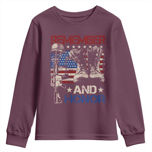 Remember And Honor Youth Sweatshirt Memorial Day Veteran Boots American Flag TS11 Maroon Print Your Wear