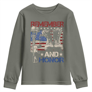Remember And Honor Youth Sweatshirt Memorial Day Veteran Boots American Flag TS11 Military Green Print Your Wear
