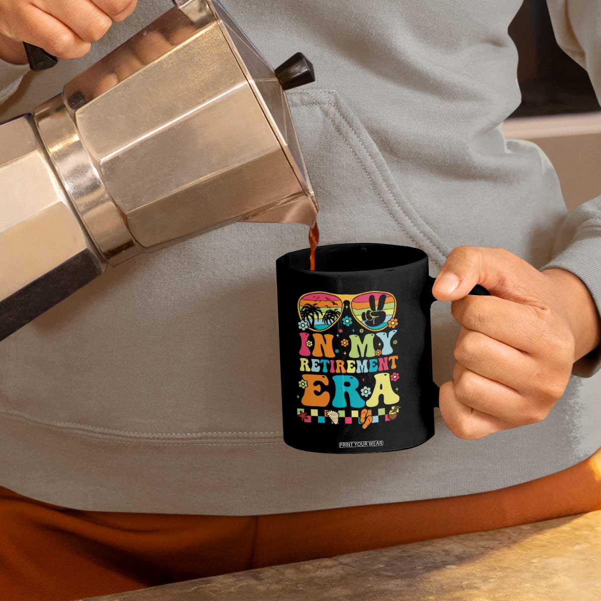 Retired Est 2025 Coffee Mug In My Retirement Era Groovy Summer Vibes TS10 Print Your Wear