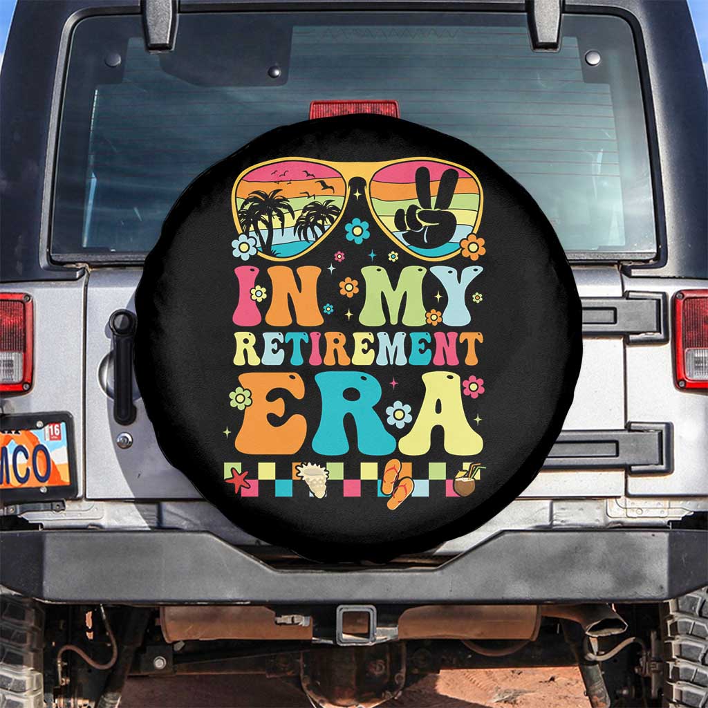 Retired Est 2025 Spare Tire Cover In My Retirement Era Groovy Summer Vibes TS10 No hole Black Print Your Wear