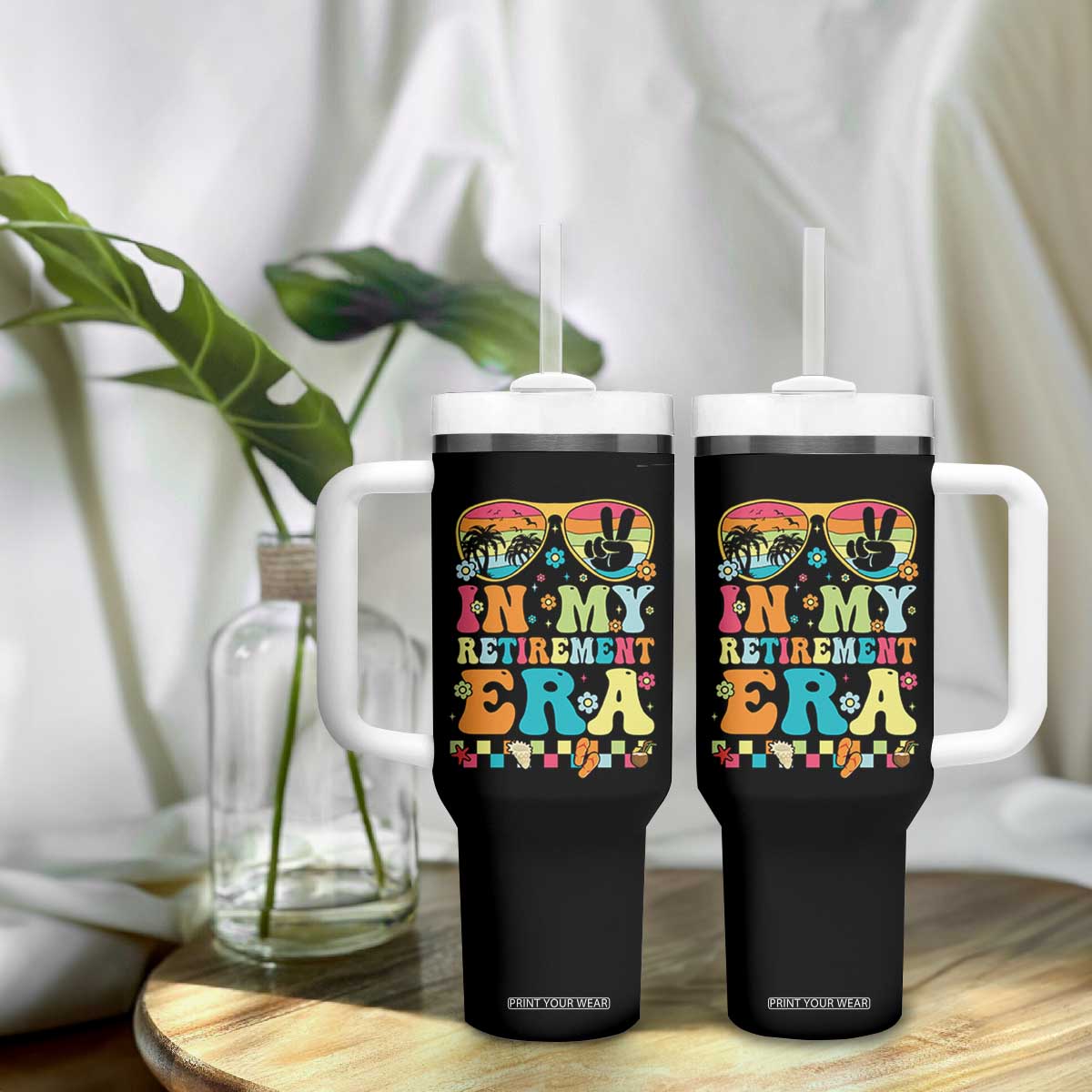 Retired Est 2025 Tumbler With Handle In My Retirement Era Groovy Summer Vibes TS10 Print Your Wear