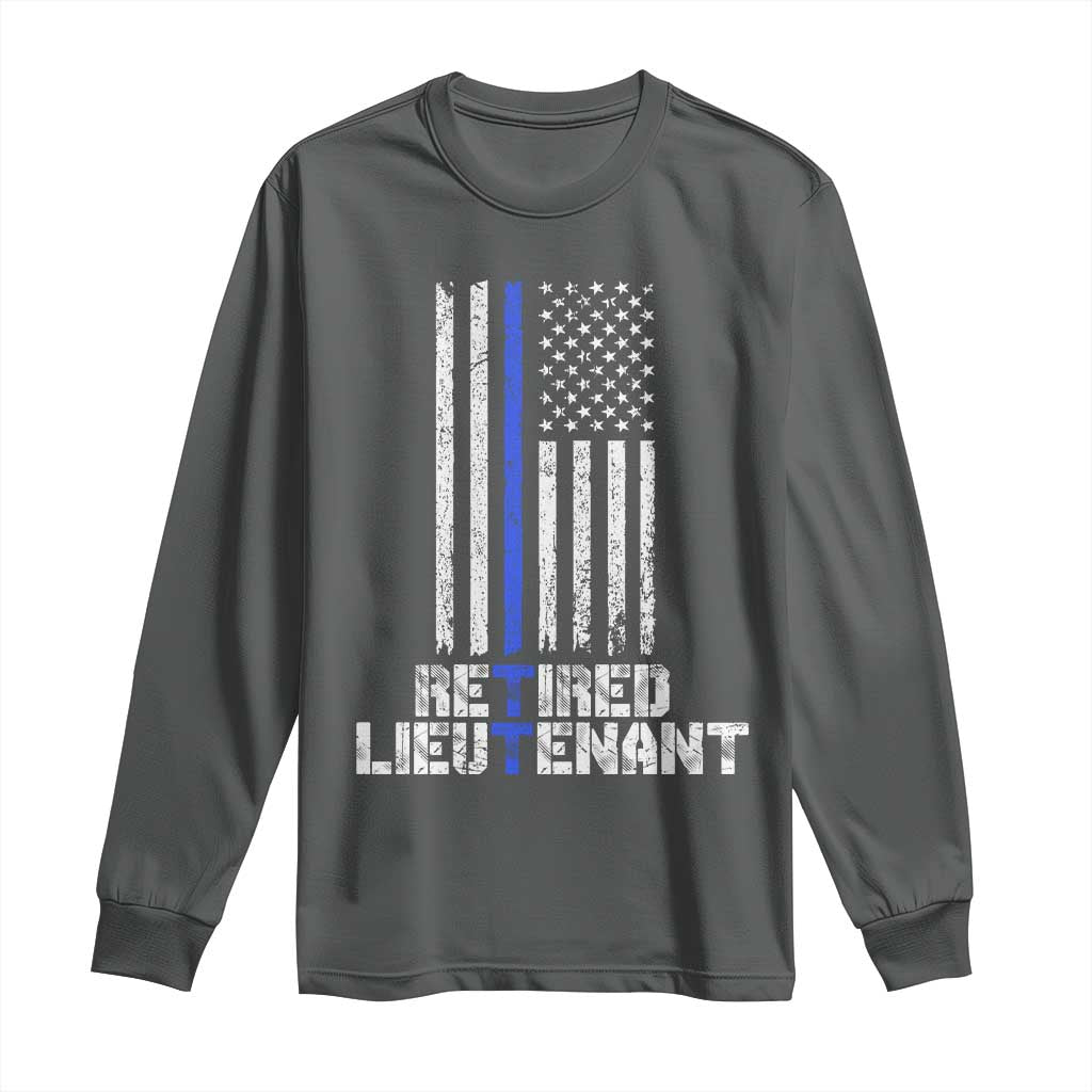 Retired Police Lieutenant Long Sleeve Shirt Retirement Blue Line American Flags TS10 Dark Heather Print Your Wear