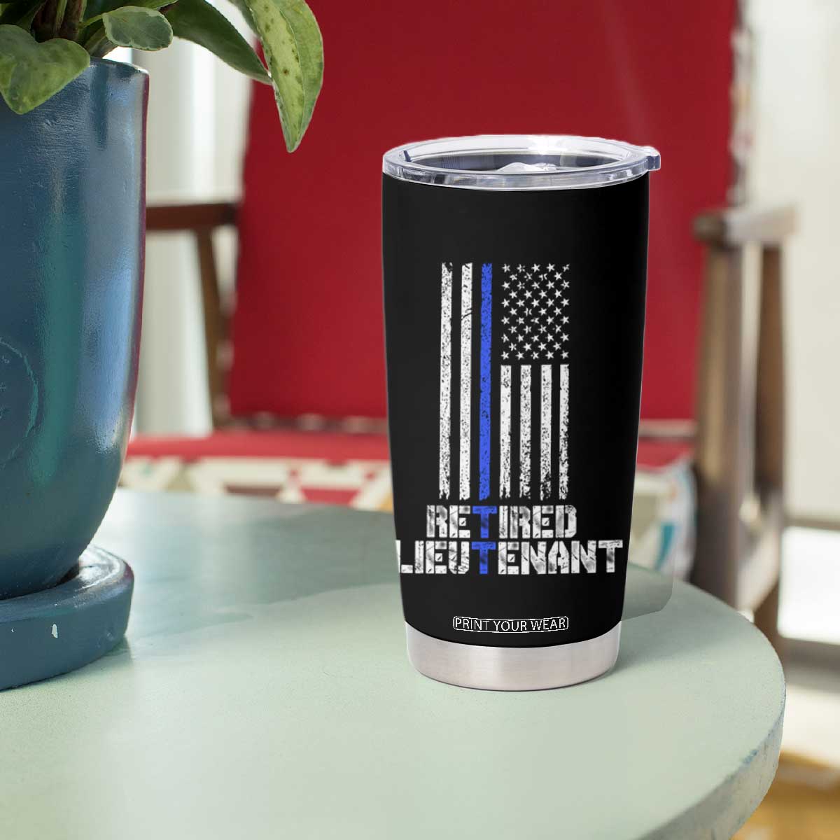 Retired Police Lieutenant Tumbler Cup Retirement Blue Line American Flags TS10 Print Your Wear