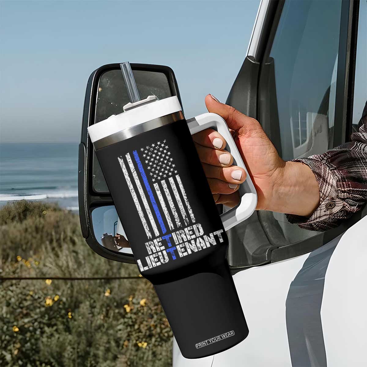 Retired Police Lieutenant Tumbler With Handle Retirement Blue Line American Flags TS10 Print Your Wear