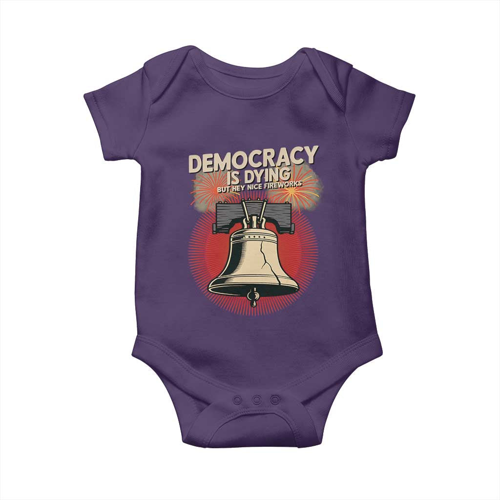 Retro 4th of July Liberty Bell Baby Onesie Democracy Is Dying But Hey Nice Fireworks Political Satire TS02 Purple Print Your Wear