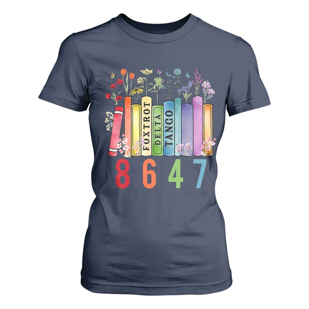 Retro 8647 T Shirt For Women Foxtrots Delta Tangos Book Flower TS10 Navy Print Your Wear