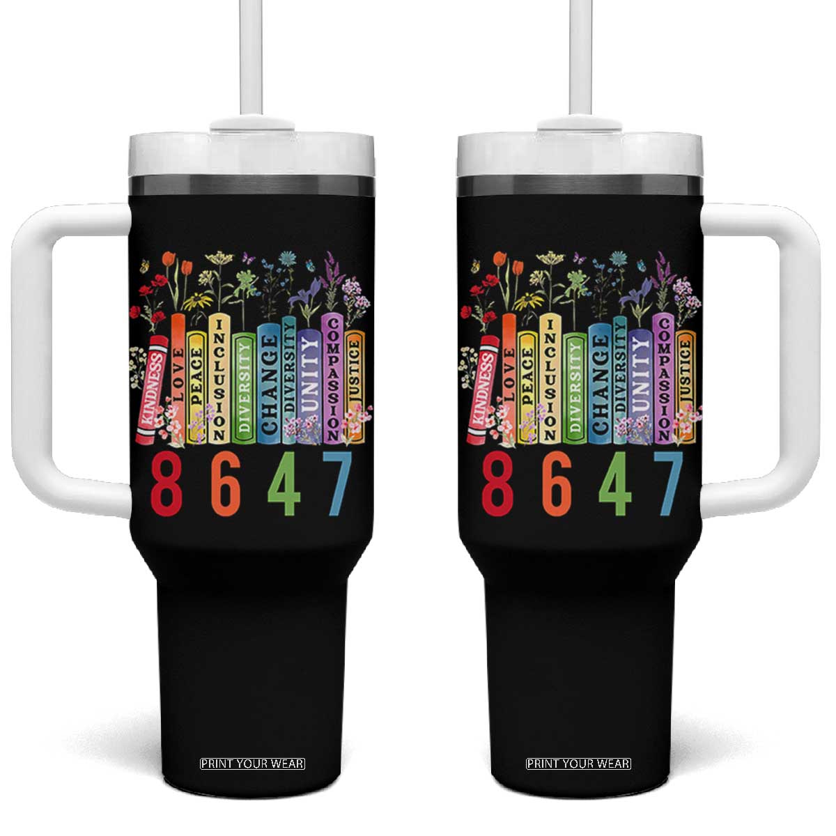 Retro 8647 Tumbler With Handle Equal Rights Book Flower Feminist Women Rights TS10 One Size: 40 oz Black Print Your Wear