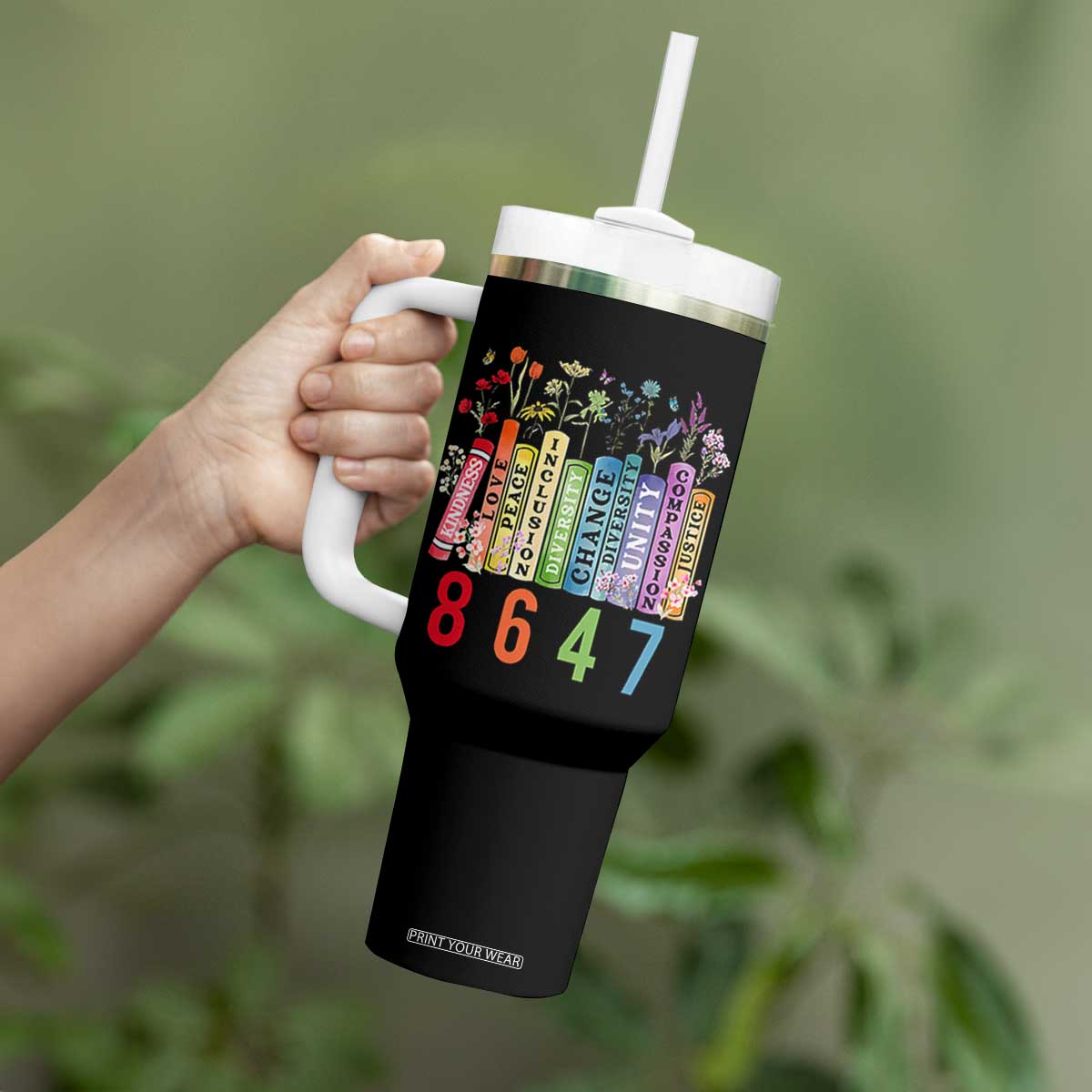 Retro 8647 Tumbler With Handle Equal Rights Book Flower Feminist Women Rights TS10 Print Your Wear