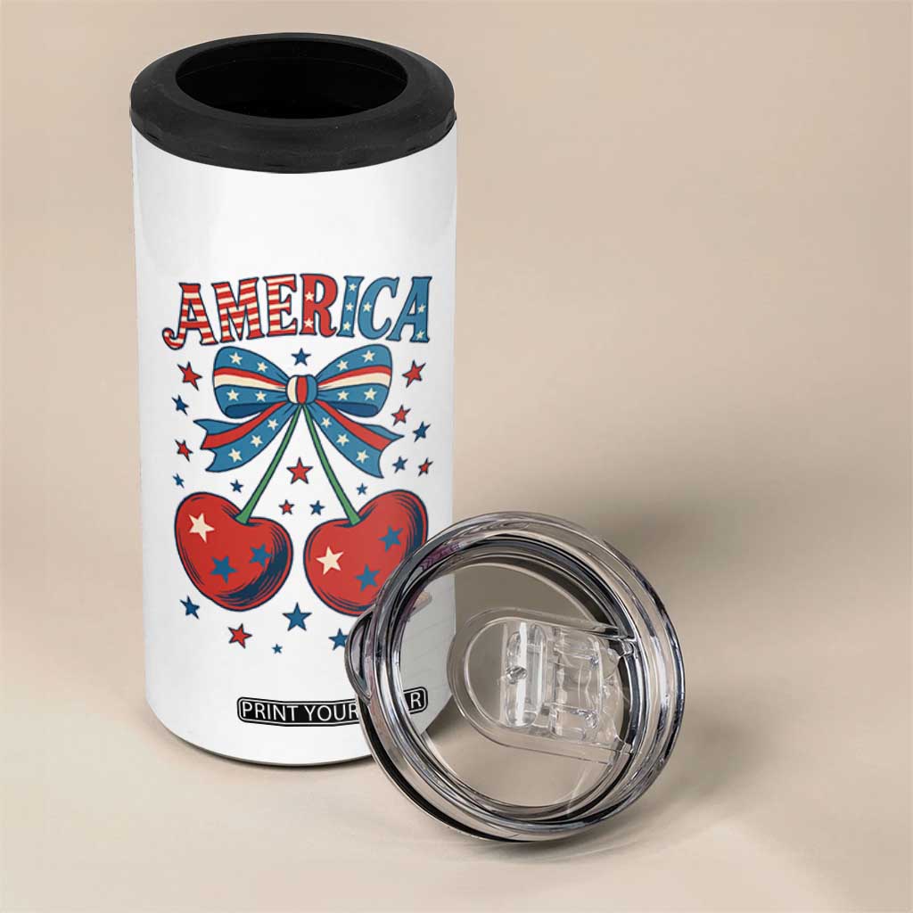 Retro Americana Cherries and Stars Coquette Bow 4 in 1 Can Cooler Tumbler America Cute Patriotic 4th Of July US TS02 Print Your Wear