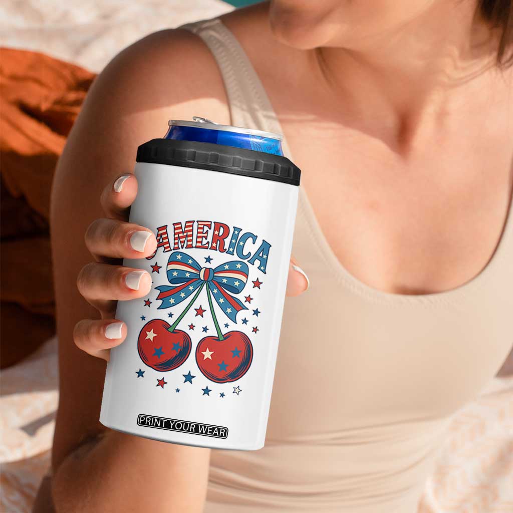 Retro Americana Cherries and Stars Coquette Bow 4 in 1 Can Cooler Tumbler America Cute Patriotic 4th Of July US TS02 Print Your Wear