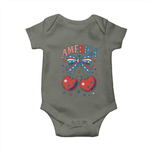 Retro Americana Cherries and Stars Coquette Bow Baby Onesie America Cute Patriotic 4th Of July US TS02 Military Green Print Your Wear