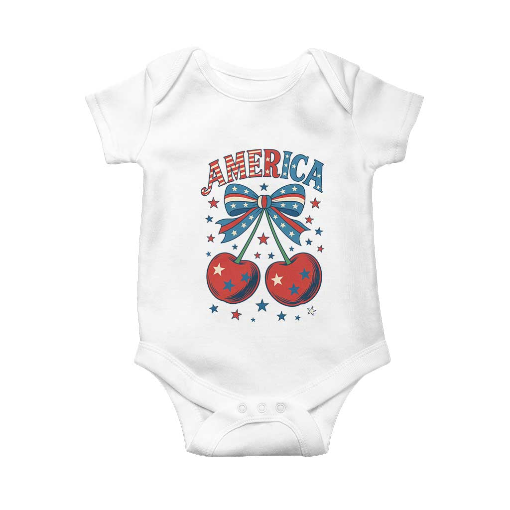 Retro Americana Cherries and Stars Coquette Bow Baby Onesie America Cute Patriotic 4th Of July US TS02 White Print Your Wear